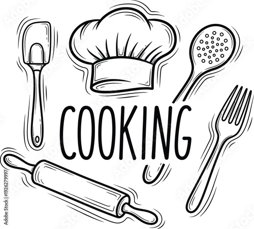 Hand drawn sketch illustration of cooking kitchen utensils with a chef hat and text.
