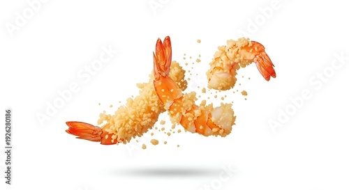 Two crispy fried shrimp, possibly tempura, with golden breading and scattered crumbs, captured dynamically against a clean white background.