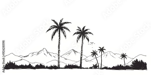 palm, tree, landscape, mountainrange, silhouette, drawing, background, tropical, island, nature, sunset, scenery, outdoor, travel, summer, exotic, paradise, forest, hills, valley, sky, dawn, dusk, min