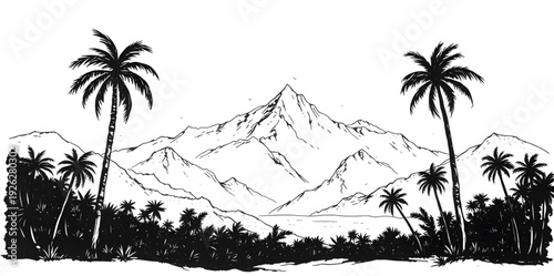 palmtree, landscape, mountains, silhouette, drawing, background, tropical, island, sunset, scenery, nature, outdoor, travel, summer, exotic, paradise, forest, hills, valley, sky, twilight, dusk, minim