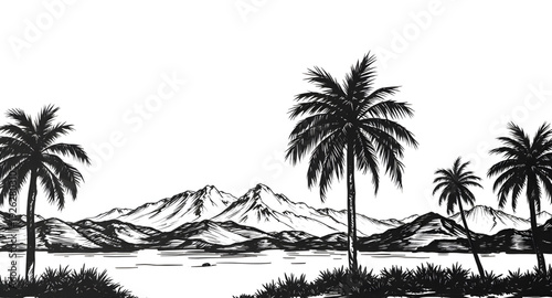 palmtree, landscape, mountains, silhouette, drawing, background, tropical, island, sunset, scenery, nature, outdoor, travel, summer, exotic, paradise, forest, hills, valley, sky, twilight, dusk, minim