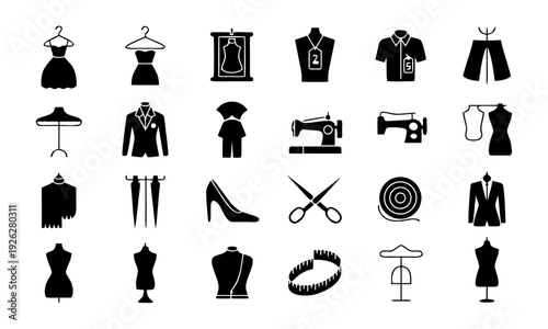 Fashion and tailoring glyph icon set black silhouette clothing and sewing symbols collection vector illustration, easily editable.