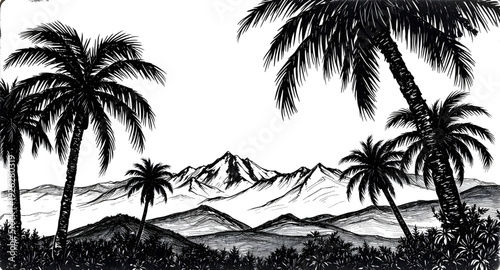 palmtree, landscape, mountains, silhouette, drawing, background, tropical, island, sunset, scenery, nature, outdoor, travel, summer, exotic, paradise, forest, hills, valley, sky, twilight, dusk, minim