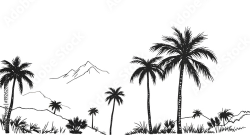 palmtree, landscape, mountains, silhouette, drawing, background, tropical, island, sunset, scenery, nature, outdoor, travel, summer, exotic, paradise, forest, hills, valley, sky, twilight, dusk, minim