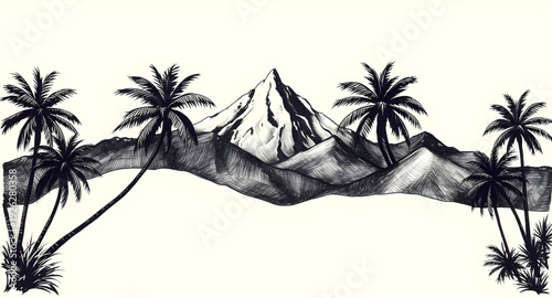 palm, tree, landscape, mountain, silhouette, drawing, background, nature, tropical, island, sunset, horizon, scenery, outdoor, travel, summer, exotic, paradise, forest, hills, valley, sky, dusk, dawn,