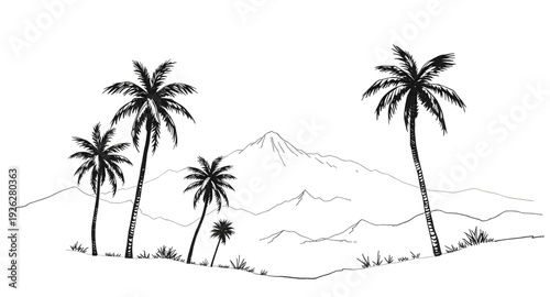 palm, tree, landscape, mountainrange, silhouette, drawing, background, tropical, island, nature, sunset, scenery, outdoor, travel, summer, exotic, paradise, forest, hills, valley, sky, dawn, dusk, min