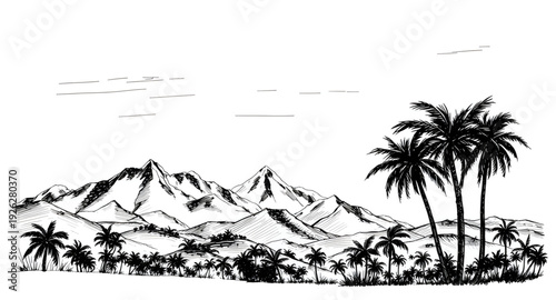 palm, tree, landscape, mountainrange, silhouette, drawing, background, tropical, island, nature, sunset, scenery, outdoor, travel, summer, exotic, paradise, forest, hills, valley, sky, dawn, dusk, min