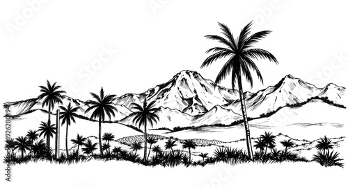 palm, tree, landscape, mountainrange, silhouette, drawing, background, tropical, island, nature, sunset, scenery, outdoor, travel, summer, exotic, paradise, forest, hills, valley, sky, dawn, dusk, min