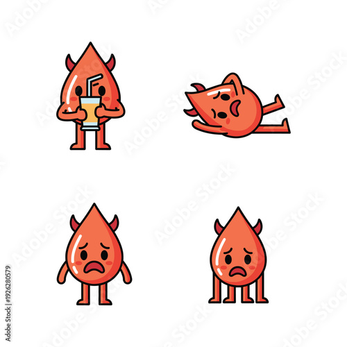 Cute cartoon blood drop characters with different emotions and expressions