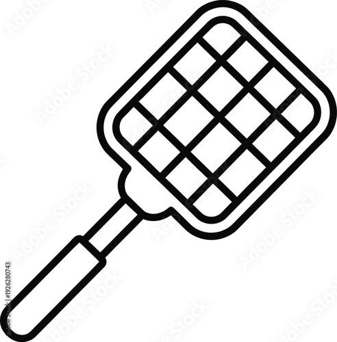 Minimalist black line icon of a fly swatter tool for pest control on a white background