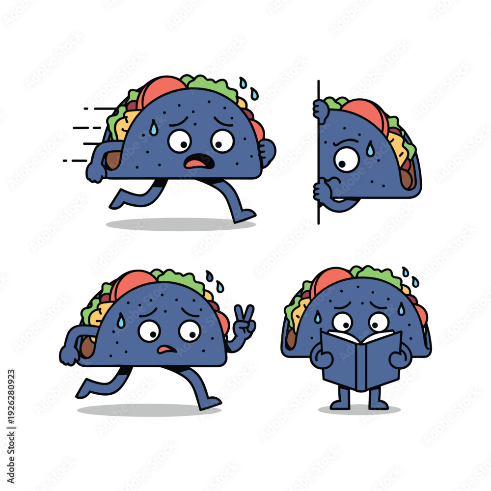 Fototapeta premium Cartoon taco character exercising and reading in different poses with copy space