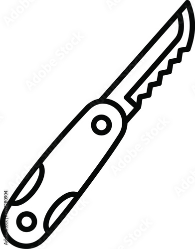 Black and white line art illustration of a multi-purpose pocket knife with a serrated blade. Vector