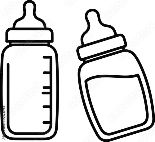Minimalist black and white line art illustration of two baby feeding bottles Vector