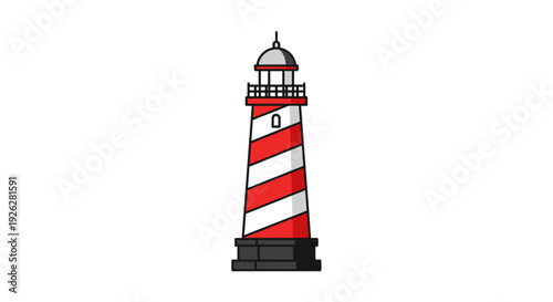 Cartoon lighthouse illustration red and white striped tower design on white background