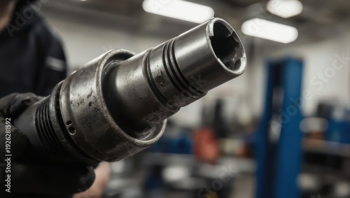 A gloved hand holds a large, metallic, cylindrical mechanical component, showing detail