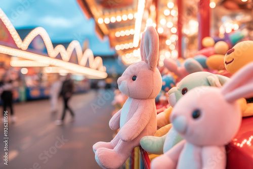 A blurry carnival background showcases several pink and green stuffed bunnies