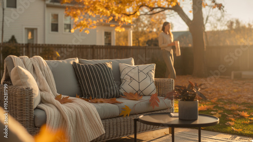Autumnal backyard scene with cozy outdoor seating and a woman relaxing