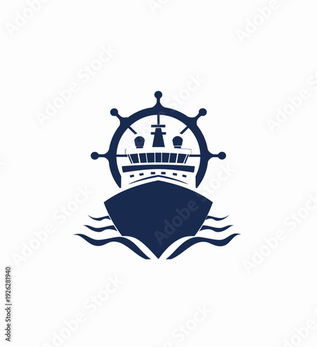 Stylized ship illustration with steering wheel design elements on white