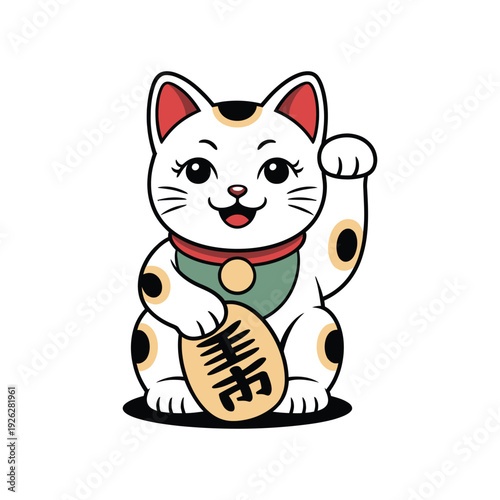Maneki Neko beckoning cat cartoon illustration.