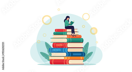 Young woman sitting comfortably on top of a tall stack of colorful books while reading another book symbolizing a passion for literature.