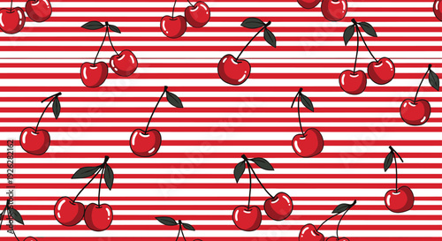 Vibrant pattern of red cherry pairs scattered across a horizontal red and white striped background for a fresh fruity summer theme.
