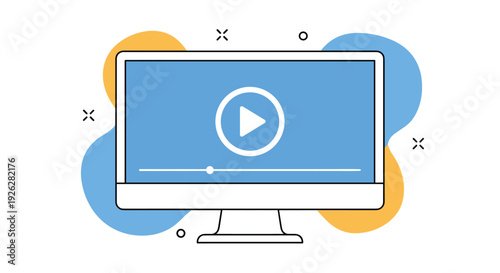 Desktop computer monitor with a blue screen displaying a video player interface with a play button for online streaming and media content.