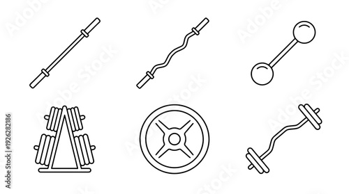 barbells , 6 black delicate line drawings vector set collection , white background , PNG and SVG	