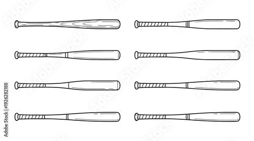 baseball bats , 6 black delicate line drawings vector set collection , white background , PNG and SVG	