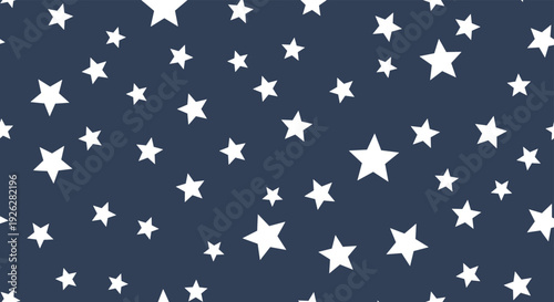 Seamless repeating pattern of various sized white stars scattered across a dark navy blue background representing a night sky or cosmic space.