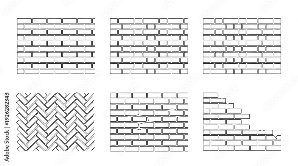 Naklejka premium brick walls , 6 black delicate line drawings vector set collection , white background , PNG and SVG 