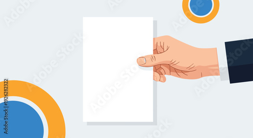 Person in a business suit holding out a blank white rectangular sheet of paper against a light gray background with colorful circles.