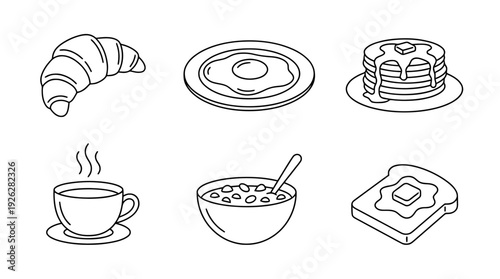 breakfast food , 6 black delicate line drawings vector set collection , white background , PNG and SVG	