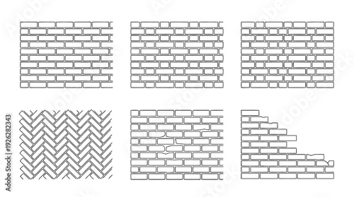 brick walls , 6 black delicate line drawings vector set collection , white background , PNG and SVG	