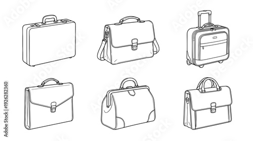 briefcases , 6 black delicate line drawings vector set collection , white background , PNG and SVG	