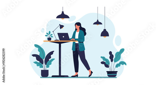 Professional woman working on her laptop at a modern standing desk surrounded by potted plants and stylish hanging lamps.