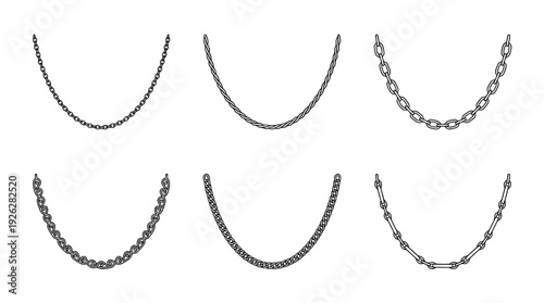 chains , 6 black delicate line drawings vector set collection , white background , PNG and SVG	
