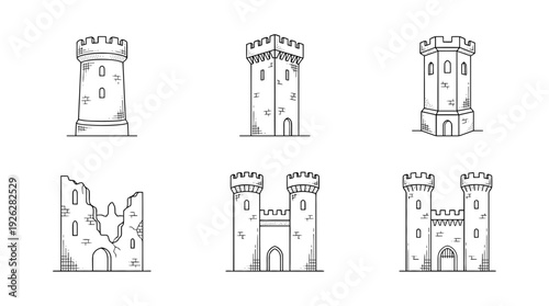 castle towers , 6 black delicate line drawings vector set collection , white background , PNG and SVG	