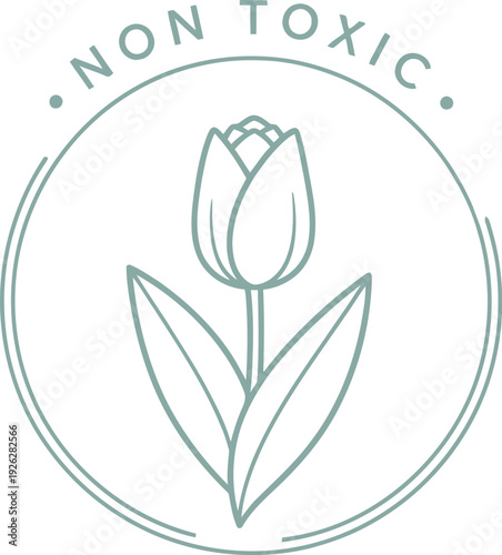Minimalist non toxic product label featuring a tulip illustration in a circular frame. Vector