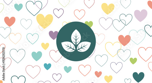 Green leaf icon inside a dark circle placed over a background of colorful heart outlines symbolizing love for nature and ecology.