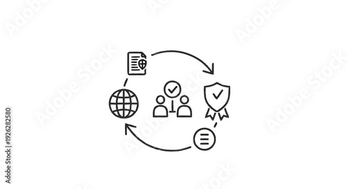 Business process workflow with global connection and quality assurance icons.