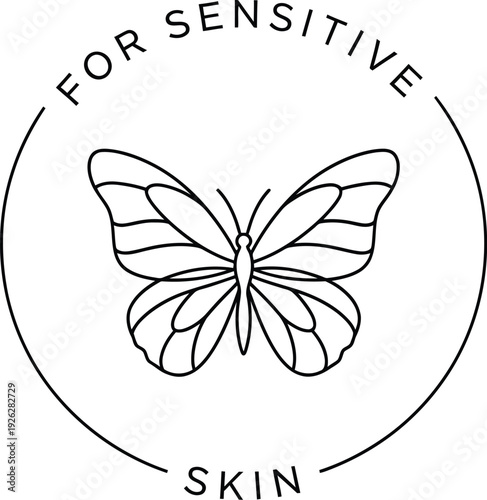 Minimalist circular badge design for sensitive skin featuring a hand drawn butterfly