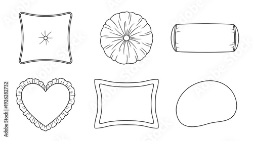 cushion shapes , 6 black delicate line drawings vector set collection , white background , PNG and SVG	