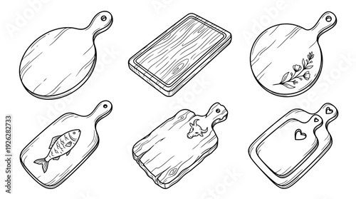 cutting boards , 6 black delicate line drawings vector set collection , white background , PNG and SVG	