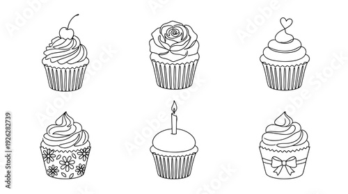 cupcake designs , 6 black delicate line drawings vector set collection , white background , PNG and SVG	