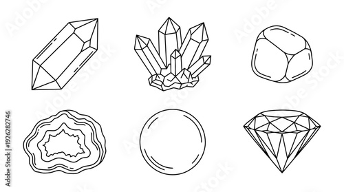 crystal gemstones , 6 black delicate line drawings vector set collection , white background , PNG and SVG	