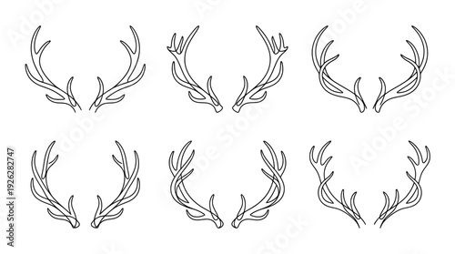 deer antlers , 6 black delicate line drawings vector set collection , white background , PNG and SVG	