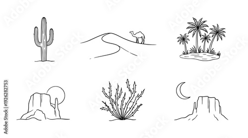 deserts , 6 black delicate line drawings vector set collection , white background , PNG and SVG	