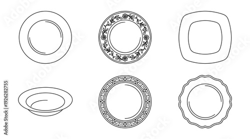 dinner plates , 6 black delicate line drawings vector set collection , white background , PNG and SVG	