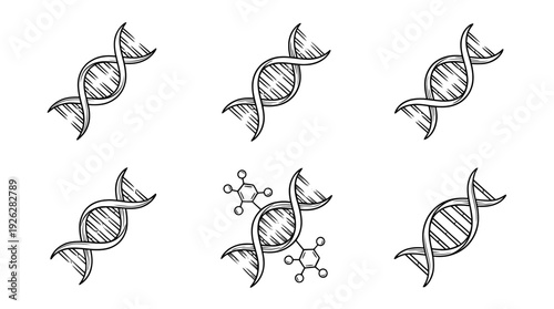 dna strings , 6 black delicate line drawings vector set collection , white background , PNG and SVG	