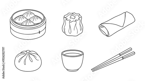 dim sum , 6 black delicate line drawings vector set collection , white background , PNG and SVG	